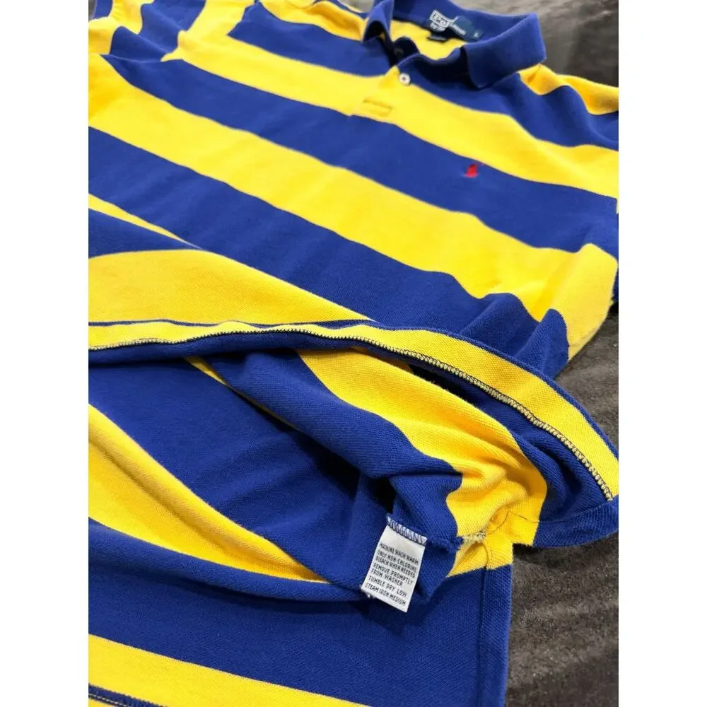Ralph Lauren Polo Shirt Large Blue Yellow Rugby Stripe Red Pony Cotton Vintage
